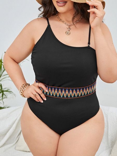 

plus chevron stripe tape one piece swimsuit m6tz#, Black