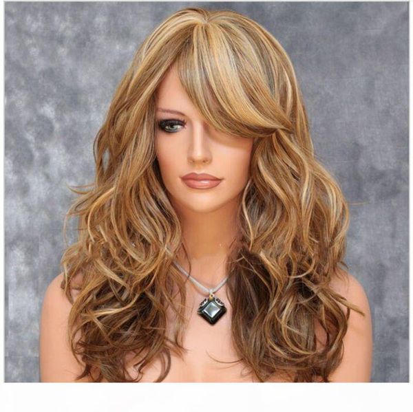 

z&f brand new brown oblique bangs body wave women 22 inch long synthetic wigs long wavy curly natural hair, Black