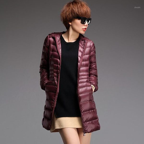 

brand ladies long winter warm coat women ultra light 85% white duck down jacket women's hooded parka female overcoat size 7xl1, Black