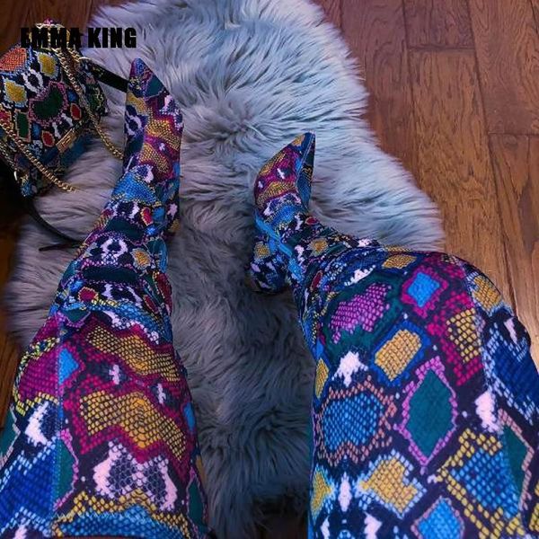 

2020 women thigh over the knee boots lady colorful snakeskin catwalk high heels boots pointed-toe shoes for women, Black