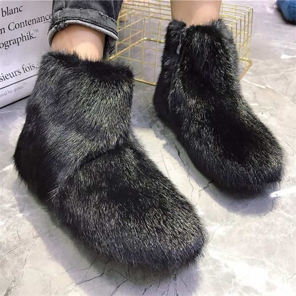 

designer shoes real mink fur women snow boots black winter warm fur botas mujer casual ankle boot thick sole platform shoes woma