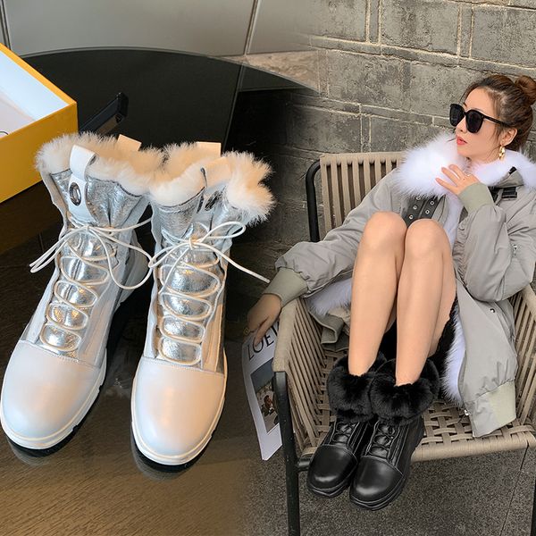 

2020 dwaterproof water winter women's ankle keep warm sheepskin snow boots ladies lace-up leather platform complete femme ntep, Black