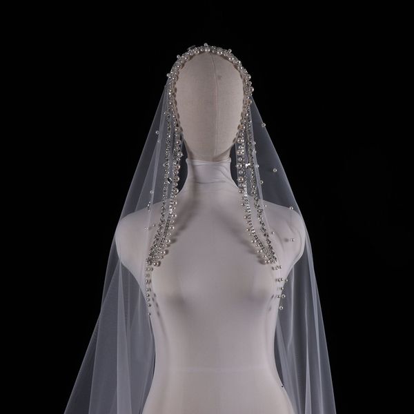 

white ivory 3meter long 3 meter width wedding veil for muslim bride pearls with diamond beads wedding hair accessories, Black