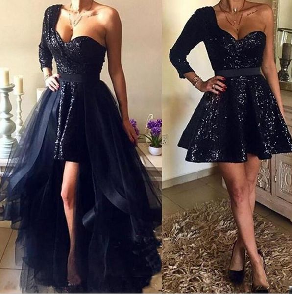 

prom dresses 2020 charming navy sequins fabric detachable train sweetheart one shoulder with long sleeves ruffles party dress, Black