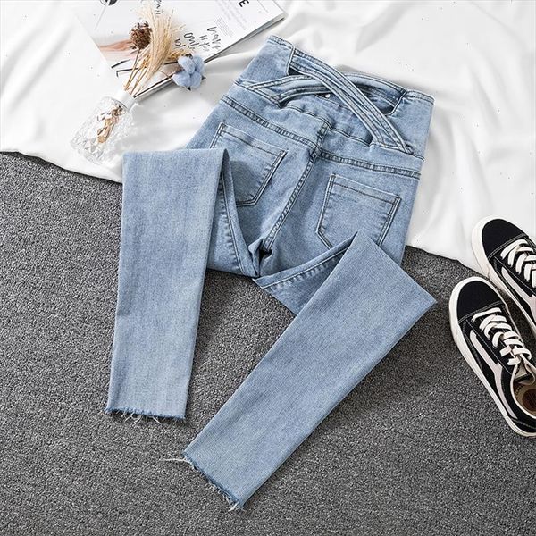 

light blue high waist single breasted skinny jeans woman 2021 new arrive cross elastic denim pencil pants woman casual jean