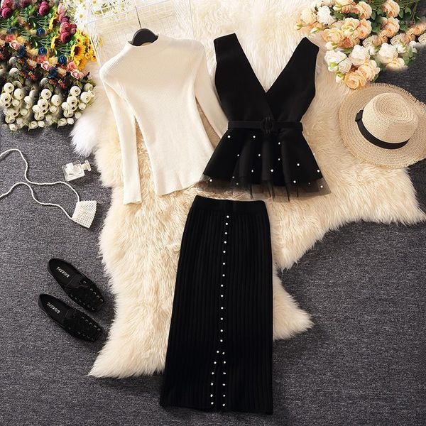 

women 2020 spring autumn knitted 3 pieces set female v-neck beaded vest+long sleeve pullover sweater and pencil skirt suit e3621, White