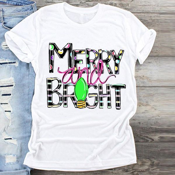 

women letter light new year winter season merry christmas print clothes graphic female tshirts t shirt ladies tee t shirt, White