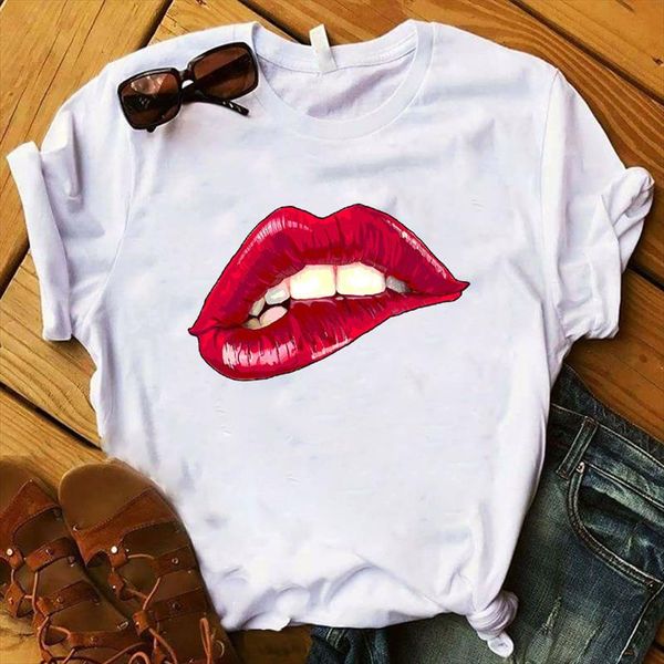 

women lady t shirt lip teeth printed tshirt ladies short sleeve loose tee shirt women female clothes graphic t shirt, White