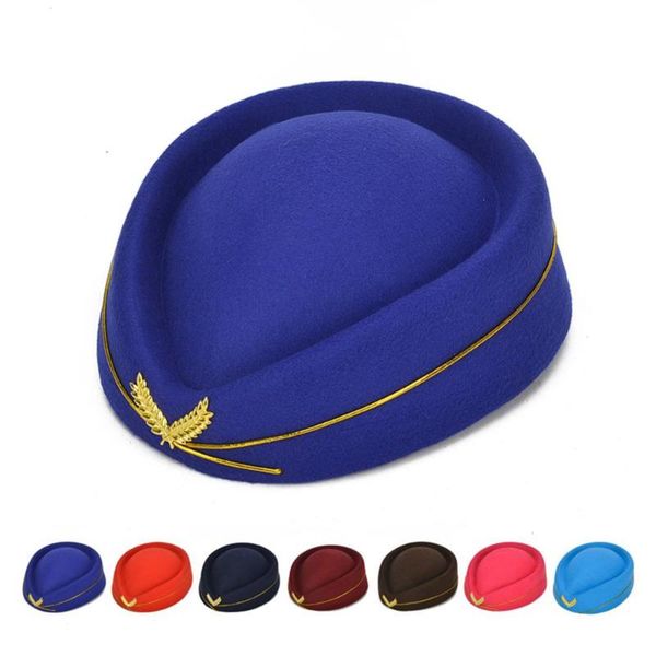 

berets qinju wool felt pillbox air hostesses beret hat base cap airline stewardess cadet formal uniform winter caps accessory, Blue;gray