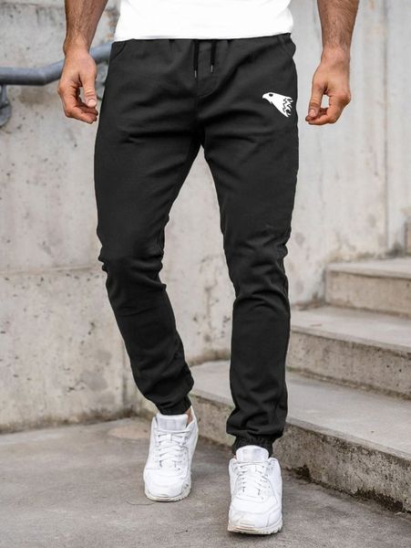 

men eagle print drawstring waist pants l7wh#, Black