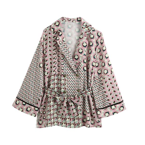 

2020 autumn women's new geometric print blouse lapel long-sleeved hem side slit stitching bowknot waist wide loose shirt, White