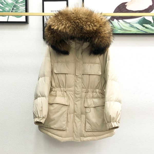 

2021 real natural skin new winter fashion female white down warm parka jacket with hoodie 0xuc, Black