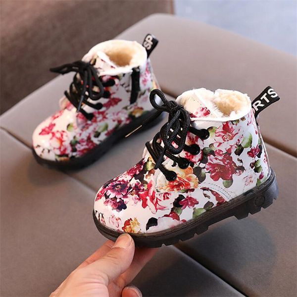 

girls kids flower lace-up printed ankle winter boots warm plush short bootee child casual running shoes spring autumn wear 21-30, Black;grey
