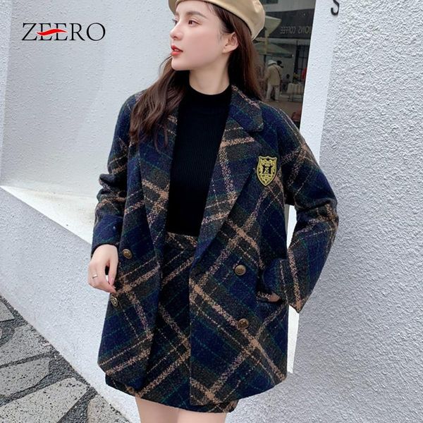 

autumn winter warm wool tweed 2 piece set woman plaid double breasted long sleeve blazer jacket + high waist mini skirt suit, White