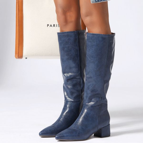 

western cowboy boots for women knee high boots winter snake leather long boots pointed low heels casual shoes woman large size c0202, Black