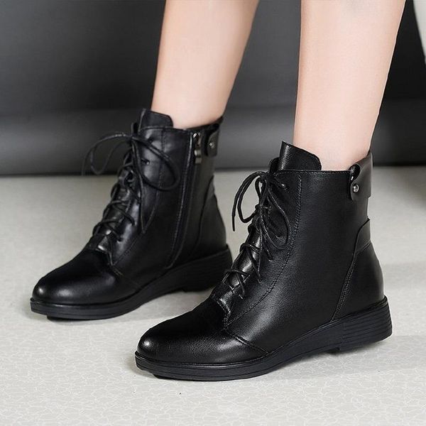 

boots black leather female lace up ankle for women shoes woman wedges heels warm plush winter ladies