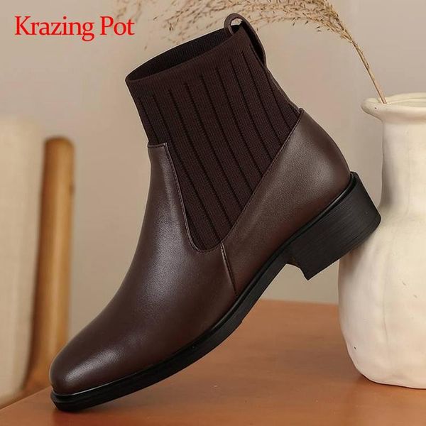 

krazing pot knitting boots natural leather patchwork recommend round toe thick med heel slip on beauty lady cozy ankle boots l68, Black