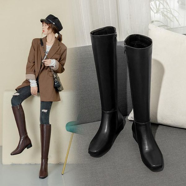 

boots 2021 autumn and winter boots, knight long women's square toe, low heel, thick heel1, Black