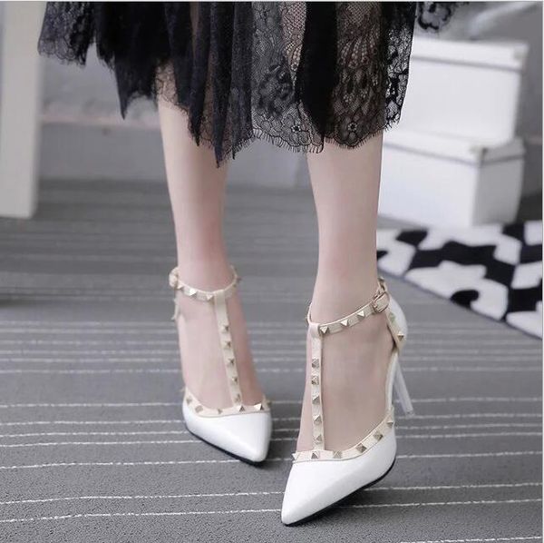

zhenzhou 10cm pumps 2020 women's shoes summer fashion female sandals rivet metal decoration pu leather style women high heels, Black