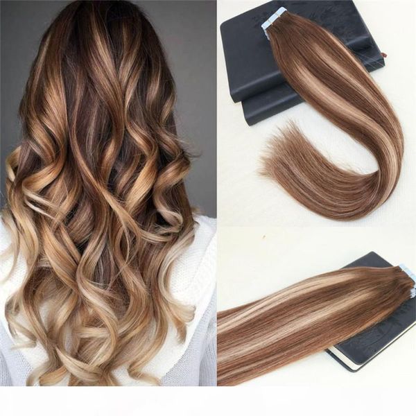 

40pcs remy бразильские волосы выметание # 4 выцветания на # 27 omber кожи уток ленты в человеческих волос прямой ленты на extensions волос 1, Black
