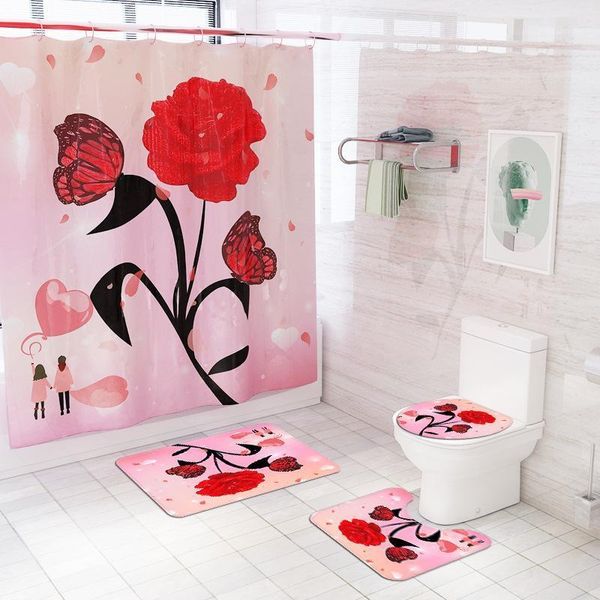 

floral bath mat and shower curtain set for valentine's day non slip shower foot mat flannel anti slip carpet floor1