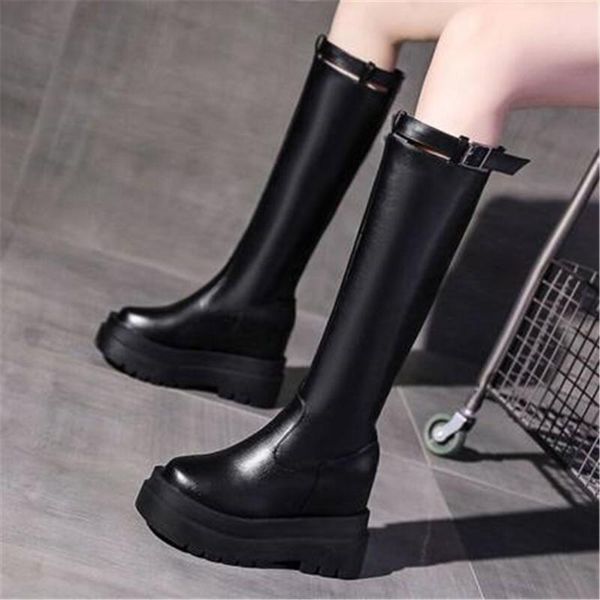 

new women leather high tube boots autumn winter knee high boots 11cm black beige woman thick sole platform long boot botas mujer