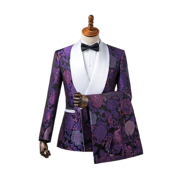 Gwenhwyfar feito sob encomenda feita luxo roxo smoking duplo jacquard homens ternos groomsmen traje homme terno slim fit 2 peças 201105