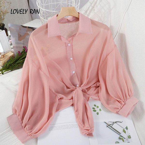 

chiffon lantern sleeve sunscreen women shirts elegant lace up buttons female shirt 2021 summer casual sweet pink ladies, White