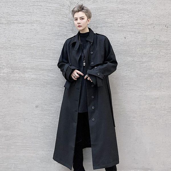 

men's trench coats male japan harajuku streetwear black vintage loose casual jacket outerwear belt 3/4 long coat windbreaker overcoat, Tan;black