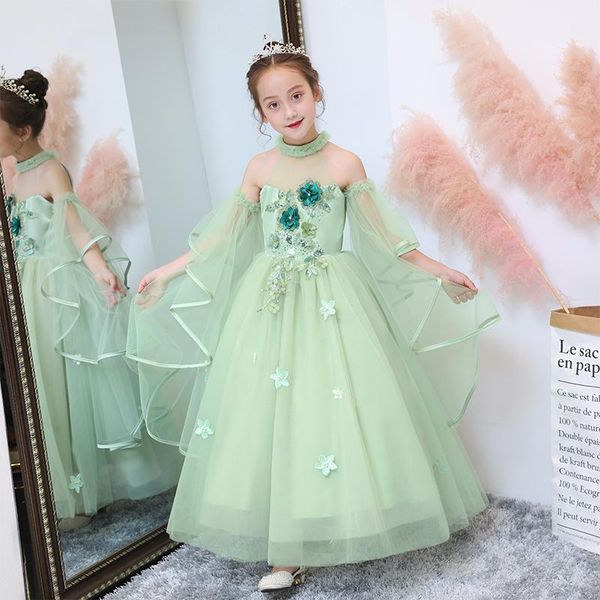 

girl's dresses sweet halter flower fairy robe removable yarn sleeves 3d floral girls pageant gowns for walk show dance piaon performanc, Red;yellow