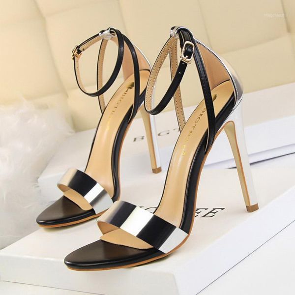

sandals high-heeled women 2021 summer metal wild thin plus size word with open toe net red shoes1, Black