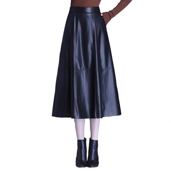

2020 women's pu leather vestidos elegant button skirts high waist skirts female solid robe oversized, Black