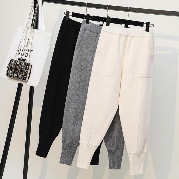 

plus size 4xl 2021 fashion casual women harem pants loose female autumn winter knitted pant high waist trousers sweatpants wp264, Black;white