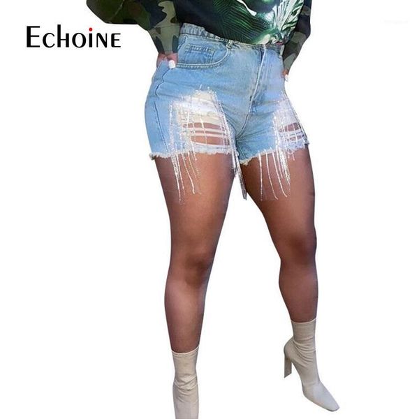 

echoine summer tassel denim shorts women hole above knee short jeans ripped pencil trousers street skinny high waist lady pants1, Blue