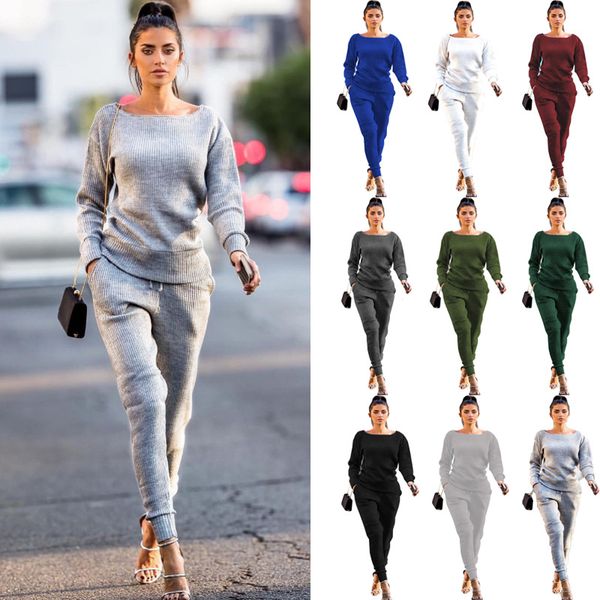 

women's tracksuits casual trui broek gebreide 2 delige set truien & elastische taille broek vrouwen trui sets 2020 herfst gebreide set, Gray
