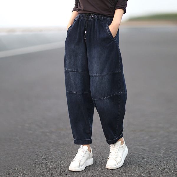 

autumn new arts style women elastic waist loose jeans all-matched casual cotton denim harem pants plus size vintage jeans, Blue