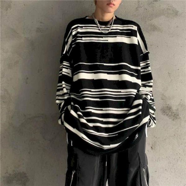 

men's sweaters men sweater striped knitted loose wild lazy round neck irregular national tide women couple fashion casual, White;black