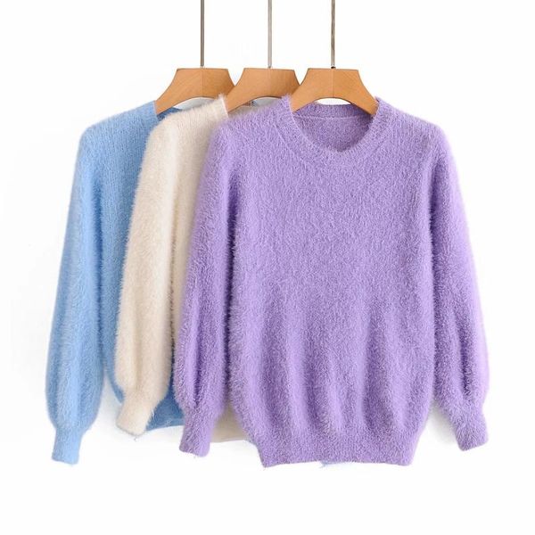

women's sweaters elegant women casual knitwears 2021 autumn purple o neck ladies loose puff sleeve female knits fashion girls chic, White;black
