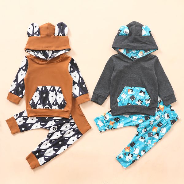 INS roupa do bebê bonito 2PCS Outfit criança moletom com capuz manga longa Gato dos desenhos animados de impressão urso Pant Set Bebê unisex Outono Agasalho Define M2940