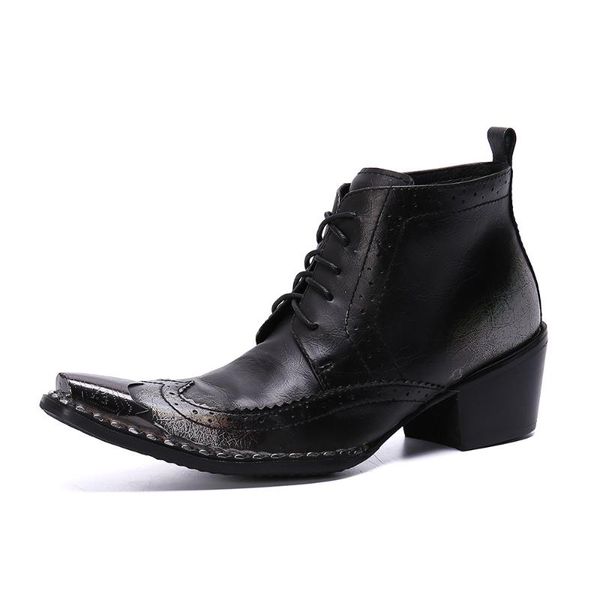 

carved cow leather shoes business men's shoes formal men's high martin boots short boots pointed toe ankle rubber zip, Black