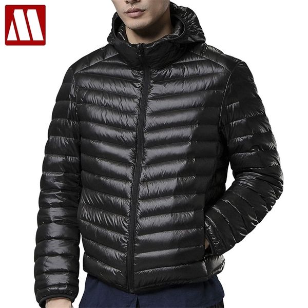 

winter overcoat 90% white duck down coat men hooded ultra light down jacket male windproof warm parka outwear plus size 4xl 201201, Black