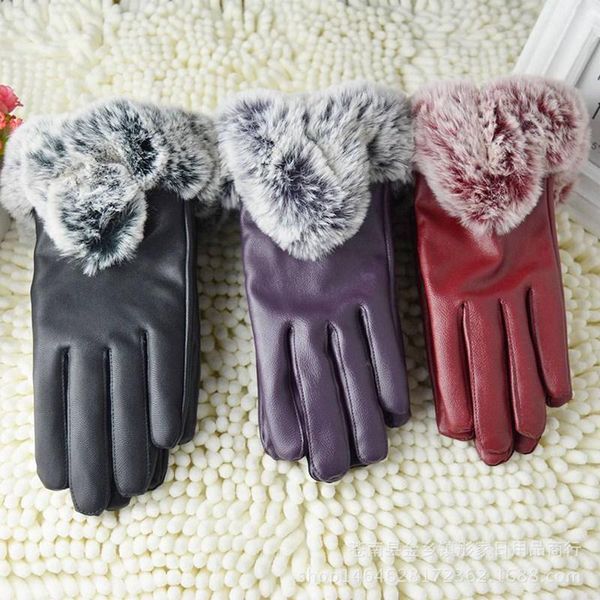 

new arrival gloves women lady black leather gloves autumn winter warm fur mittens guantes mujer, Blue;gray