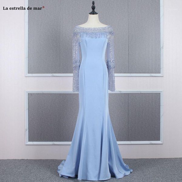 

mermaid long sleeve evening gowns evening gowns long new tulle crystal satin sky blue prom dress real p abendkleider lang1, White;black