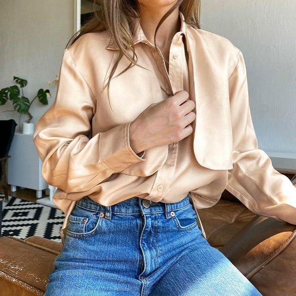 

women's blouses & shirts fashion satin turn down collar blouse shirt long sleeve button up women golden silk chic autumn clothes, White