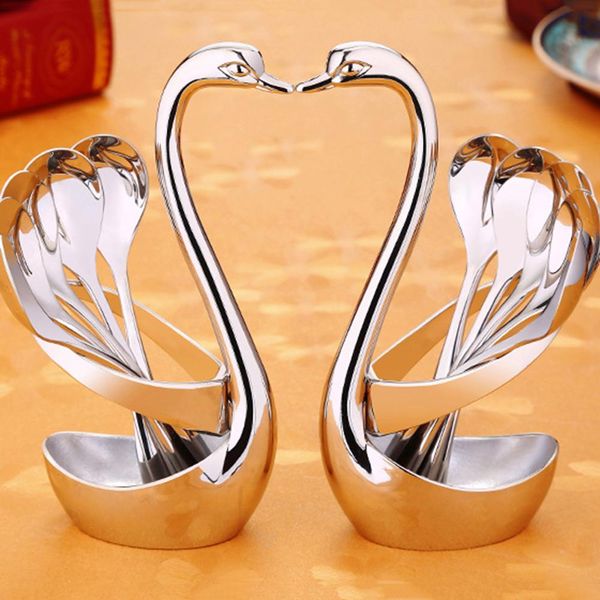 

elegant swan base holder fruit forks cutlery set stainless steel salad dessert forks coffee spoon tableware wedding supply h bbykar