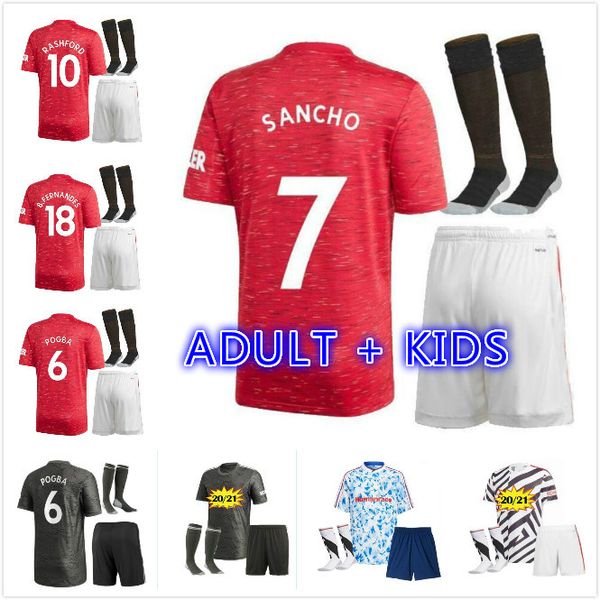 

kit 2020 2021 cavani lingard soccer jerseys pogba united rashford martial man home away 3rd kids kit child 20 21 football shirt, Black;yellow