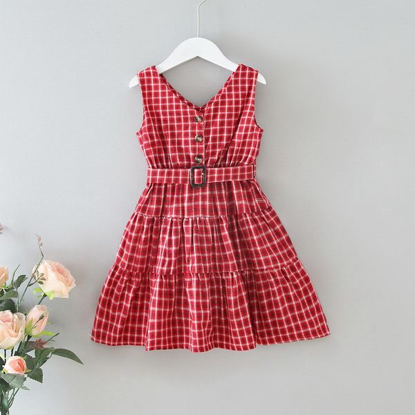 

wholesale 2021 summer new kids girls dress plaid sleeveless v-neck girl casual dresses with sashes children clothes e1568, Red;yellow