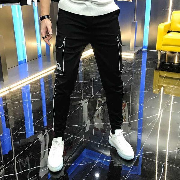

2020 men's casual pants autumn new splicing fashion elastic personality versatile offset lace up elastic mid waist pants for men1, Black
