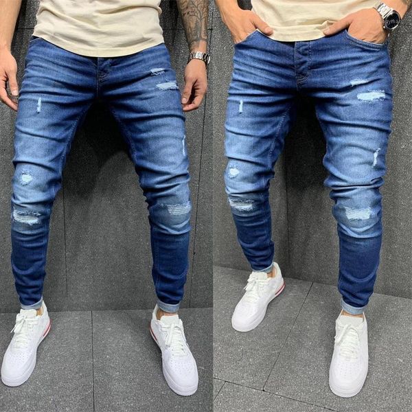 

men's washed frayed small feet stretch jeans torn skinny jeans new denim pants pantalones de hombre jean homme1, Blue