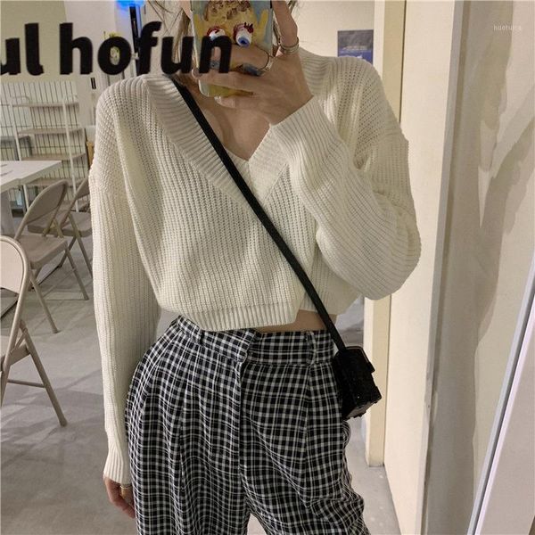

knit sweaters women's clothing 2020 autumn new crop korean oversized v-neck design long-sleeved black white winered sweater1, White;black